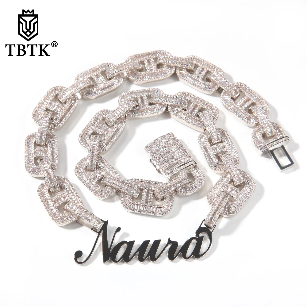 TBTK Cusomt Stainless Steel Name Plated With Luxury 15mm Cuban Link Baguettecz Prong Setting Necklace Fashion Hiphop Jewelry