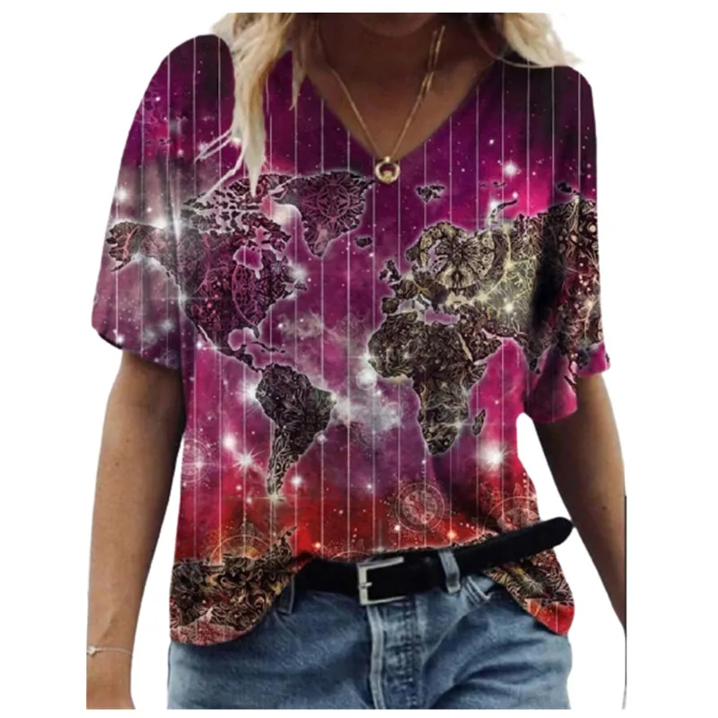 

3XL Oversized Summer Ladies Tops Loose Plus Size Casual T Shirt Women Short Sleeve V-Neck 3D Map Print Top 2021 New Fashion Tee