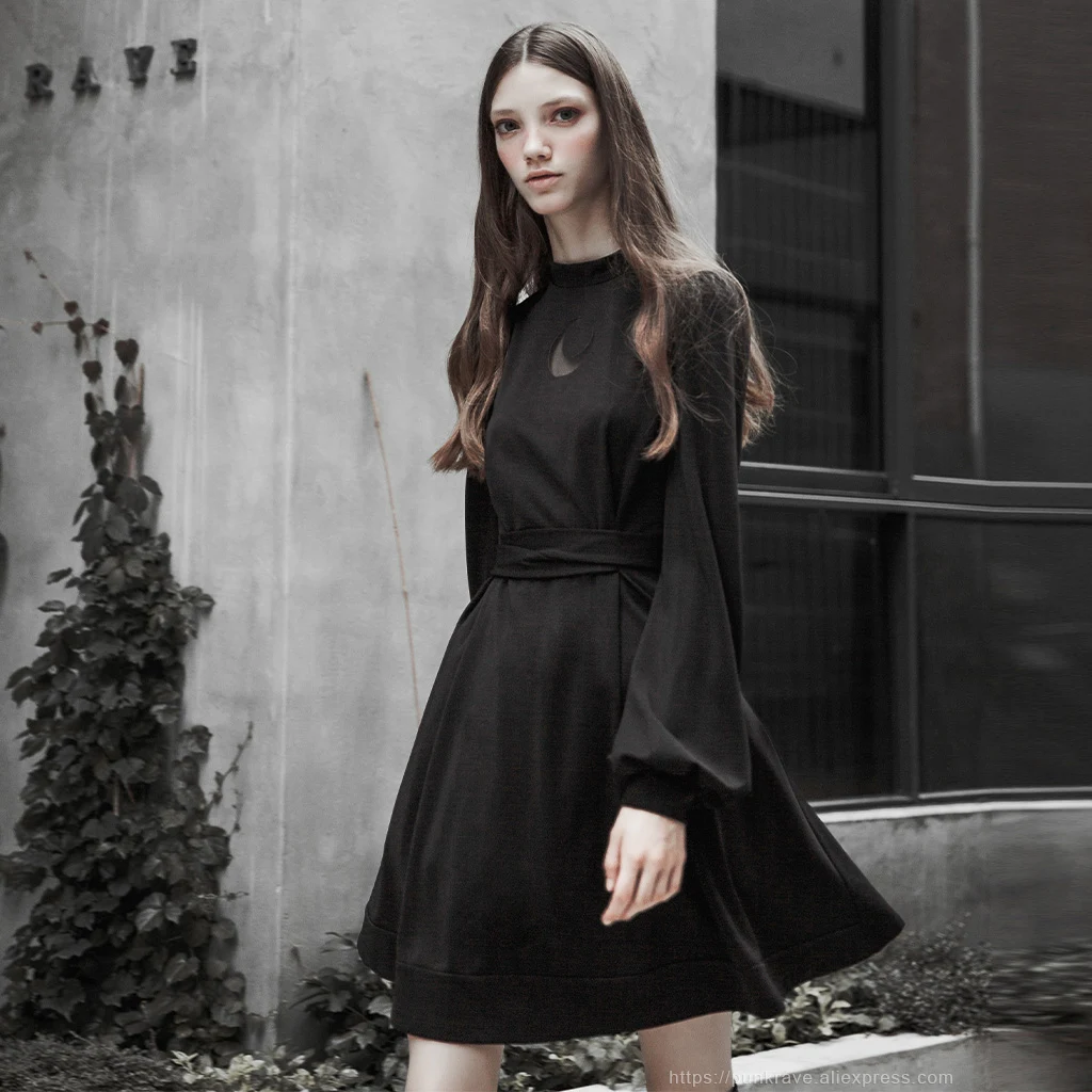 PUNK RAVE Women's Gothic High Collar Collect Waist Dress Knit Belt Sexy Retro Lantern Sleeve Women Dresses | Женская одежда