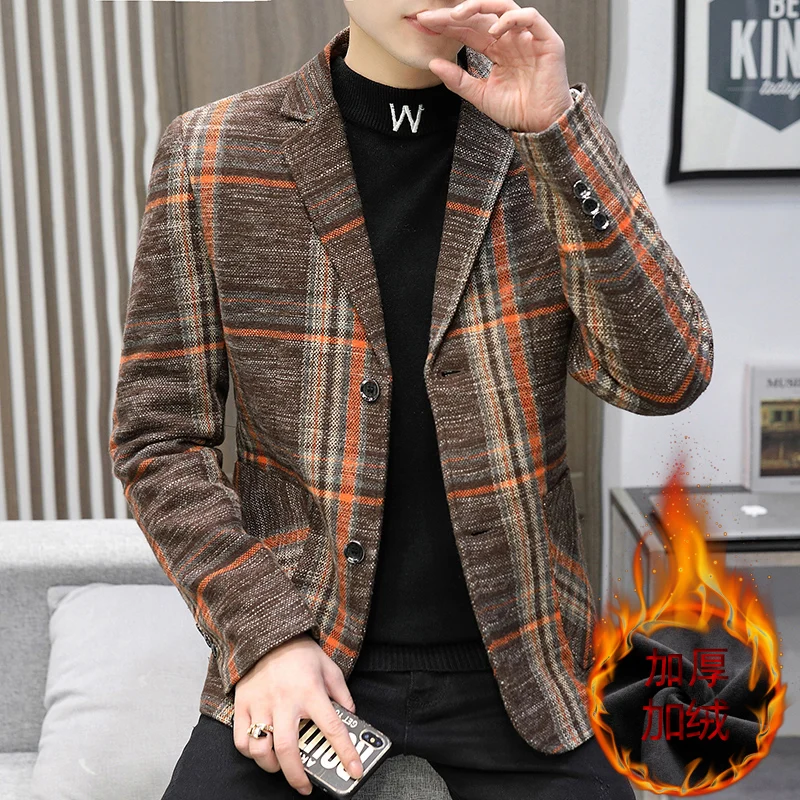 

Men Blazers Plaid Autumn Winter Thick Woolen Suit Jacket Casual Business Blazer Masculino Street Wear Social Coat Veste Homme