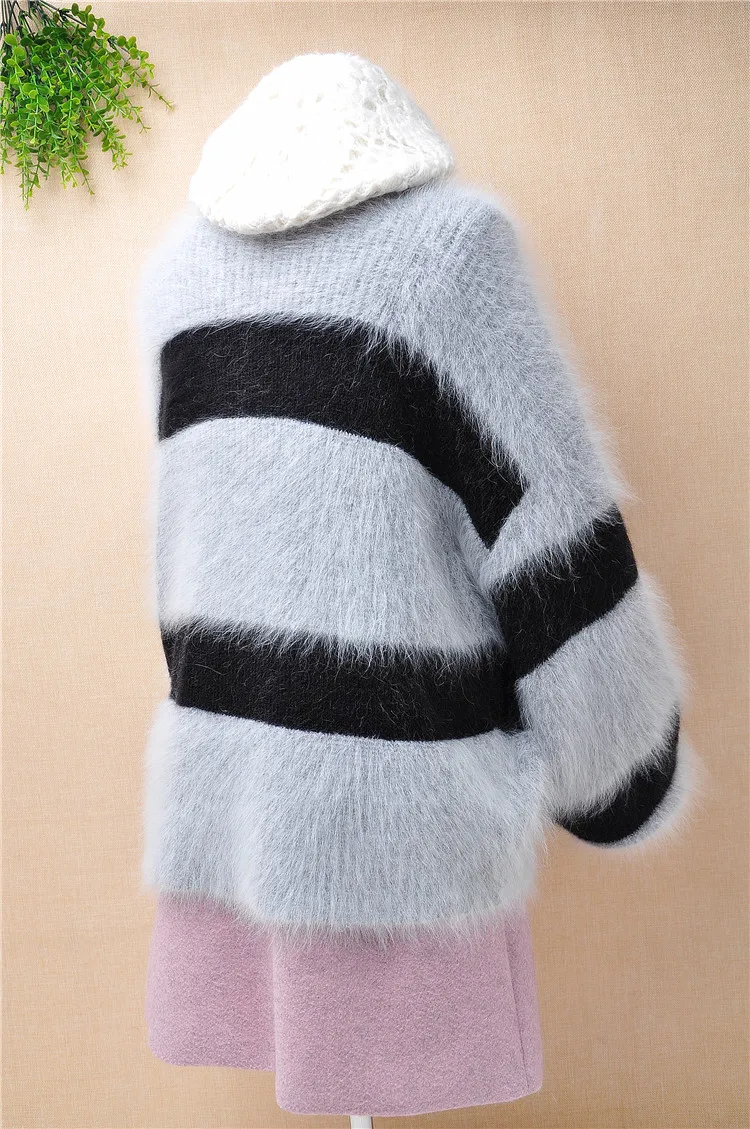 

ladies women fashion striped hairy fuzzy mink cashmere long lantern sleeved loose pullover angora fur knitted winter jumper top