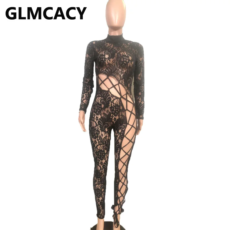

Women Lace Hollow Out Jumpsuit Sexu Lace Up Front Party Clubwear Jumpsuits