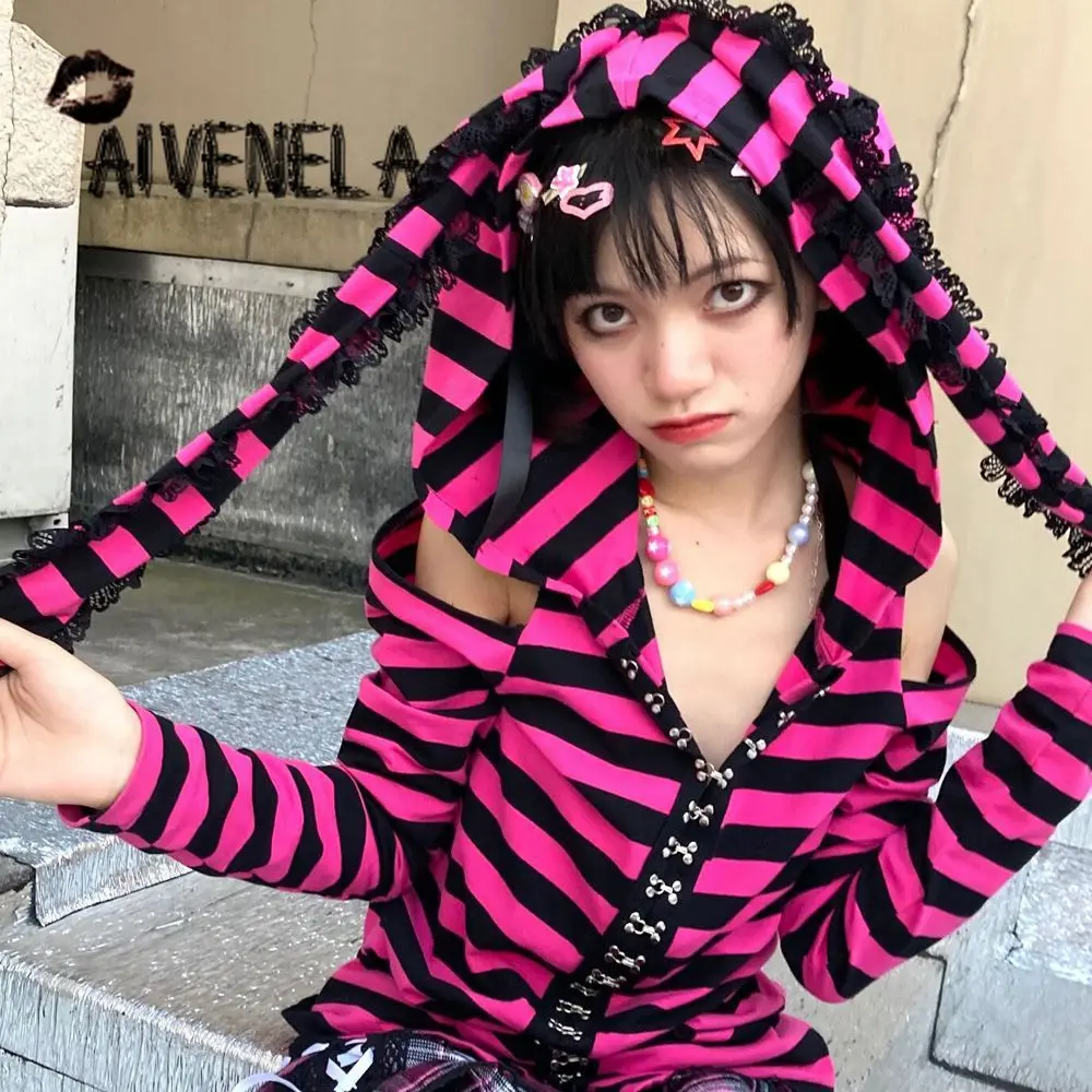 Японские мягкие Топы в стиле Харадзюку для девочек розовые черные полосатые