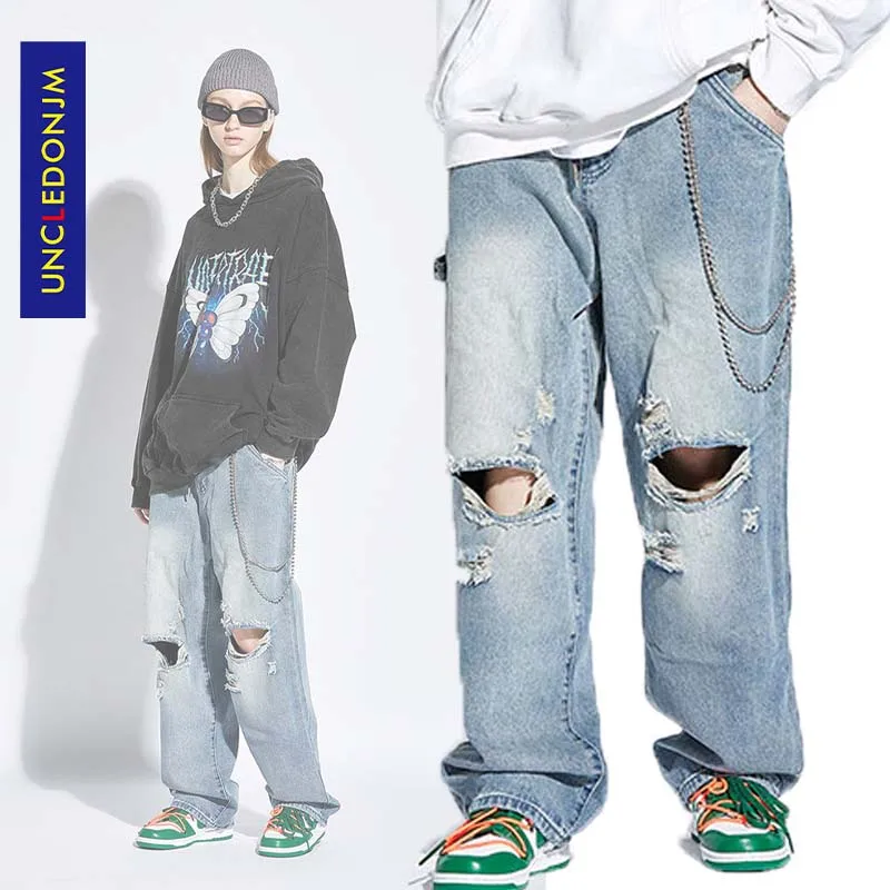 UNCLEDONJM 2020 рваные джинсы для мужчин Стрейчевые свободные брюки в стиле хип хоп