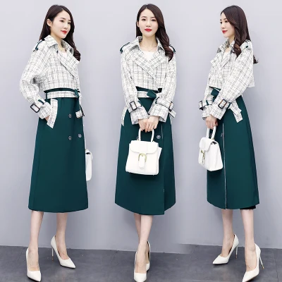 

Design Office Lady Trench Coat Feminino Windbreaker French Turn-down Collar Overcoat Korean Chaquetas Mujer Plaid Coats