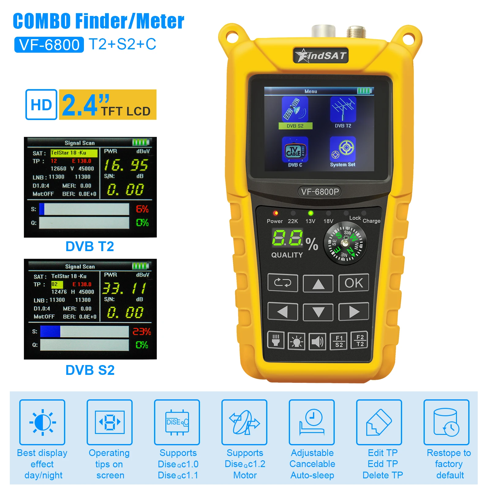 Φ Satellite Finder с полной поддержкой VF-6800/DVB-S DVB-T/T2 DVB-S2/C2 MPEG2/MPEG4 английский арабский