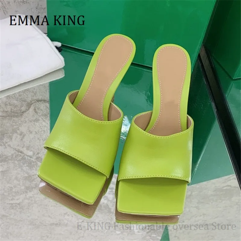 

2021 Summer Women Square Toe High Heel Slippers New Colours Nature Leather Womens Slides Shallow Mules Shoes Designer Slippers