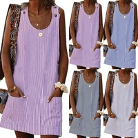 70 hot sell casual women summer plus size striped loose sleeveless mini dress with pockets