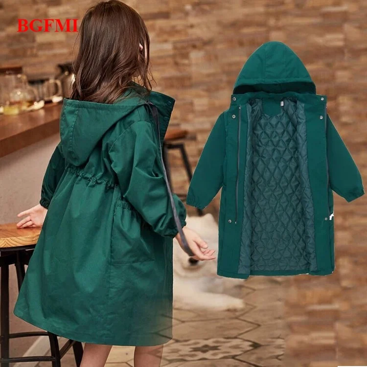 

Teenage Girls Trench Coat Add cotton Hooded Fashion winter Outdoors Double Breasted Long Windbreaker Thick Coat Outerwear Jacket