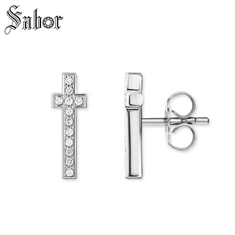 Женские серьги гвоздики с крестиком вечерние серебристого цвета в подарок