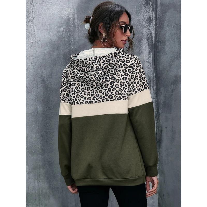 

Women'S Loose Top Long Sleeve Fashion Leopard Print Stitching Hooded Top Green