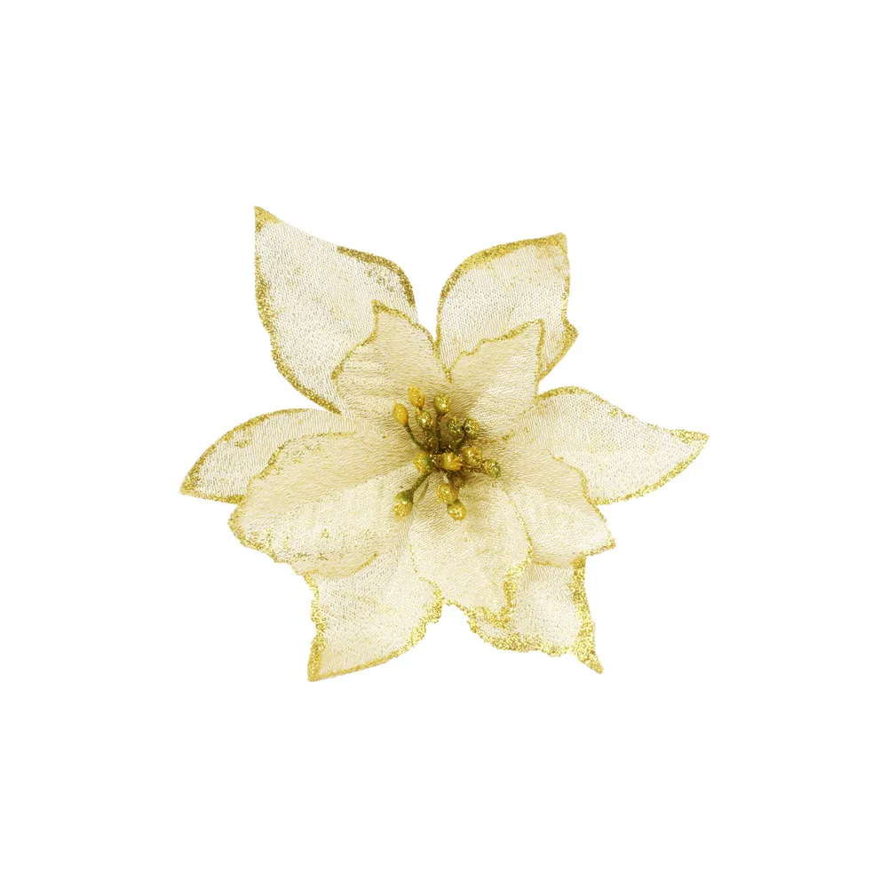 Gold(13cm) 12pcs/lot Artificial Christmas Flowers Plastic&Cloth Glitter Hollow Flower For Christmas Tree Decoration DIY Xmas New Year Decor - Цвет: Gold(13cm)