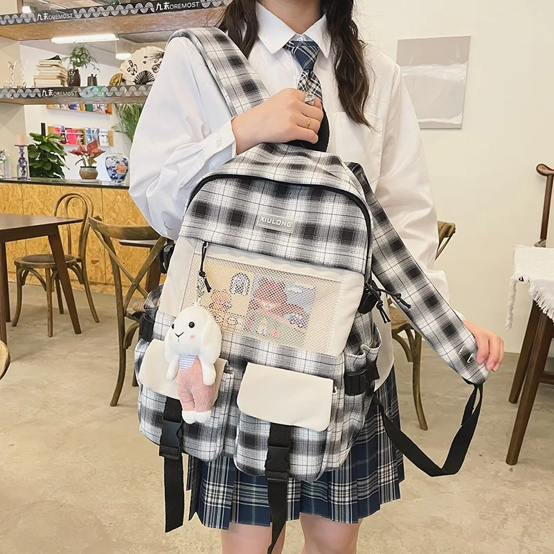 Модный женский рюкзак Kawaii Doll, повседневный школьный ранец в клетку для девочек, вместительные дорожные рюкзаки с несколькими карманами, сум...