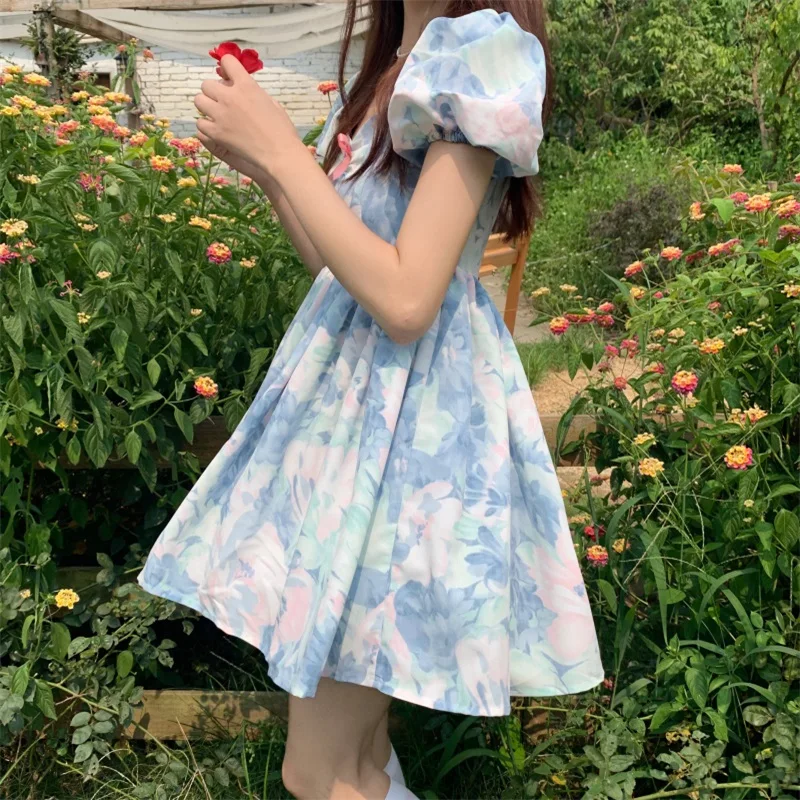 

French Romantic Elegant Preppy Style Sweet Girly Women Dress Kawaii V-Neck Bow Cute Puff Sleeve Tie Dye A-Line Blue Dresses