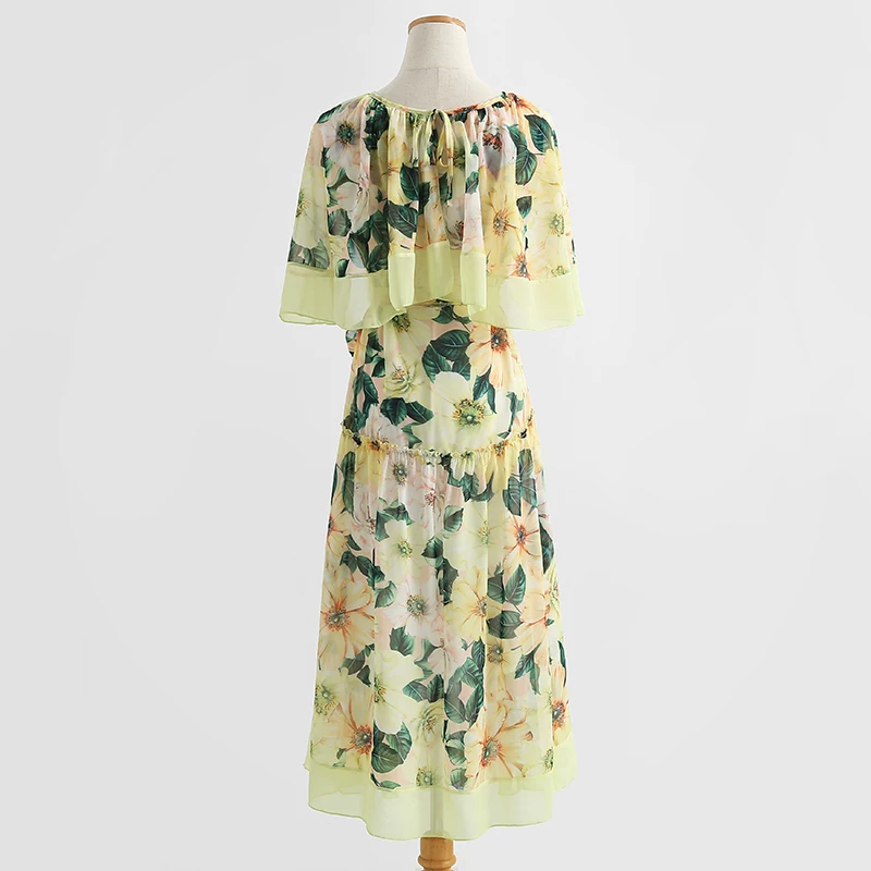 

Elegant Cloak Sleeve Runway Fashion Flower Print Chiffon Summer Long Bohemian Beach Dress Women Designer Party Loose Robe Femme