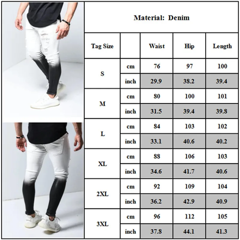 

Fashion Men's Skinny Stretch Ripped Male Jeans Slim Fit Denim Trousers Streetwear Gradient White Black Skinny Jeans Men#r