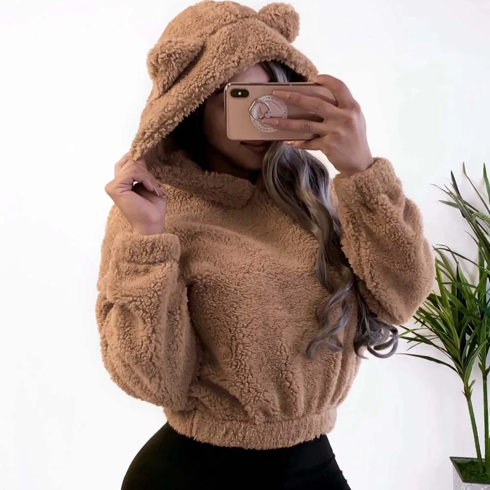 Cat Coffee Vieuunsta Женская толстовка Kawaii флис мех длинный рукав с капюшоном Осень Зима мишка уши мягкий пуловер толстовка с капюшоном XL - Цвет: Cat Coffee