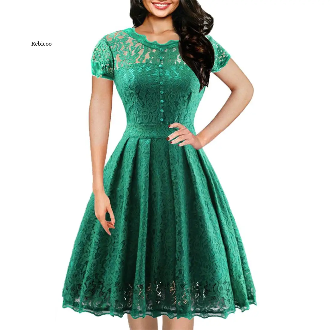 

Vintage Elegant Floral Lace Patchwork Short Sleeve Party Dress Summer Casual Business Office Lady Knee Length Ball Gown Dresses