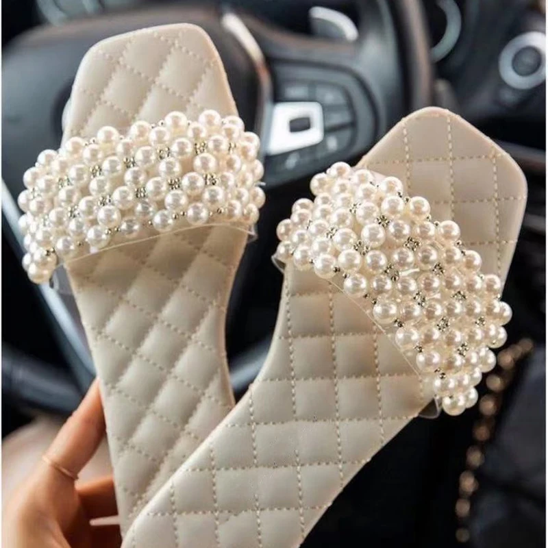 

Женские повседневные шлепанцы с жемчугом, однотонные пляжные шлепанцы на плоской подошве, удобная обувь на резиновой подошве для лета, 2021