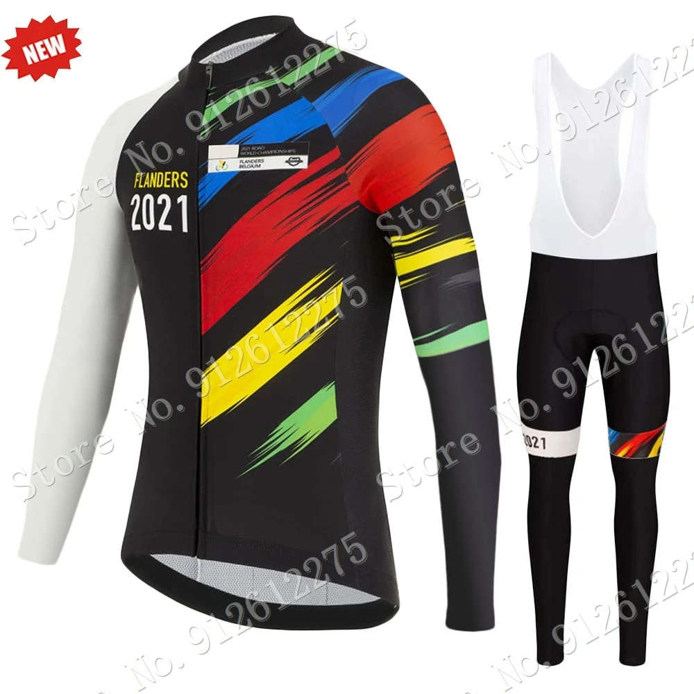 

2021 FLANDERS World Champion Team Cycling Jersey Set Men Belgium Long Sleeve Cycling Clothing Road Bike Shirts Suit MTB Maillot