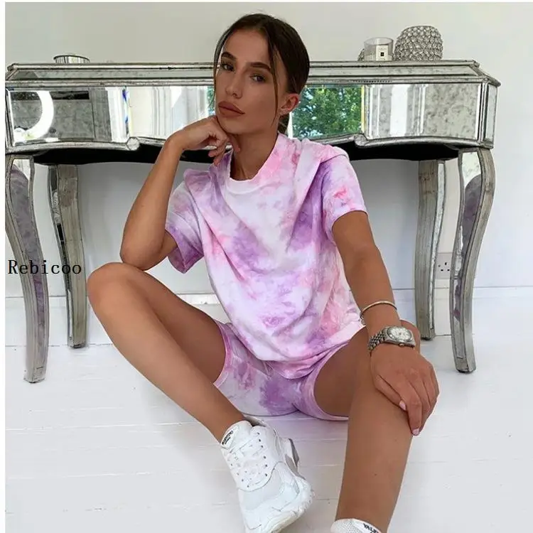 

2021 new women's clothing set two-piece tie dye printed vest t-shirt