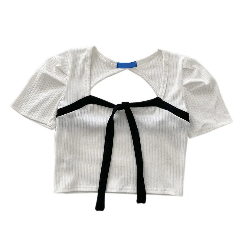 

2021 Summer Backless Design Sexy Y2k Tops Women Korean Fashion Short Sleeve Casual Slim Shirt Bandage Vintage Blouse Females