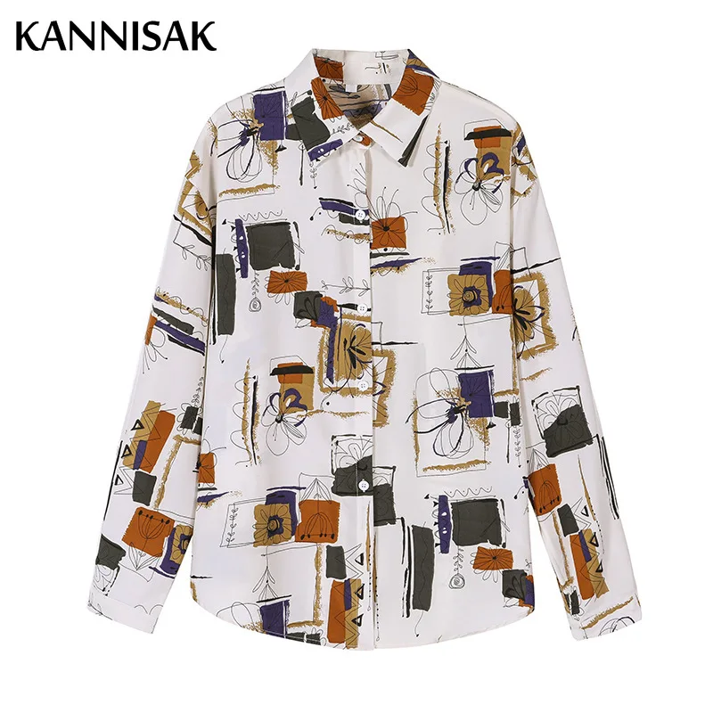 

Fashion Women Shirts Single Breasted Tops Long Sleeve Turn-down Collar Chiffon Printed Blouses Spring Autumn Casual Shirts 2021
