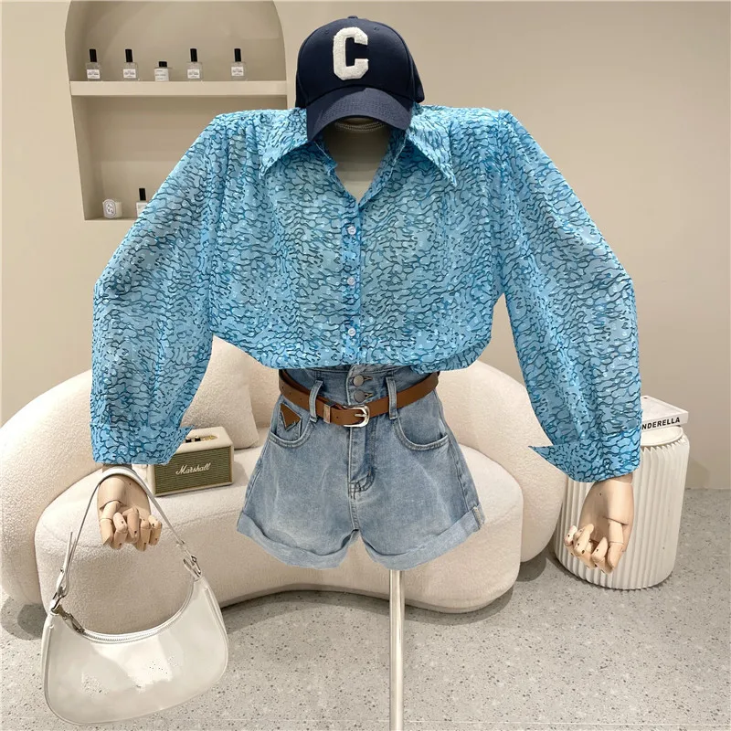 

New Women's Clothing 2021 Summer Puff sleeve blue shirt Loose and slim top