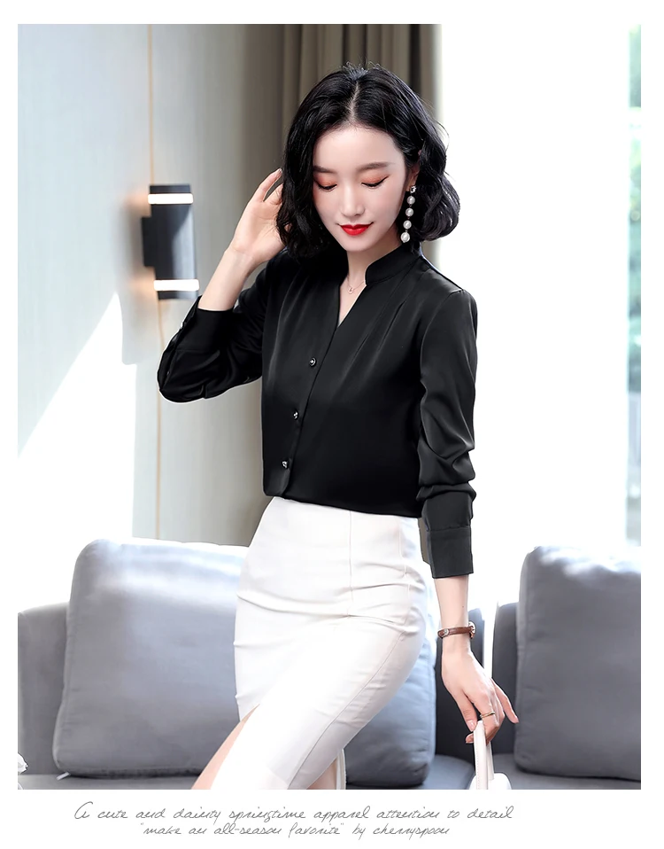 

Houthion Silk Satin Slim Women Blouses Fashion Long Sleeve Top Solid Buttons V-neck Shirt Spring/autumn New Casual Blouse