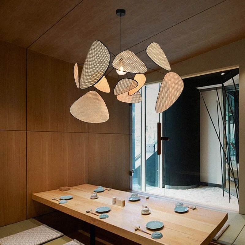 Nordic Designer Leaf Grid Rattan Pendant Lamp Retro Restaurant Bedroom Kitchen Hanging Light Fixtures Home Deco E27 110-240V