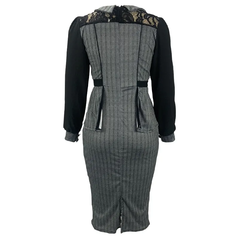 

Elegant Long Sleeve Lace Patchwork Dress Women 2021 Autumn Casual Ruffles Hollow Out Office Lady Ol Work Vintage Pencil Dresses