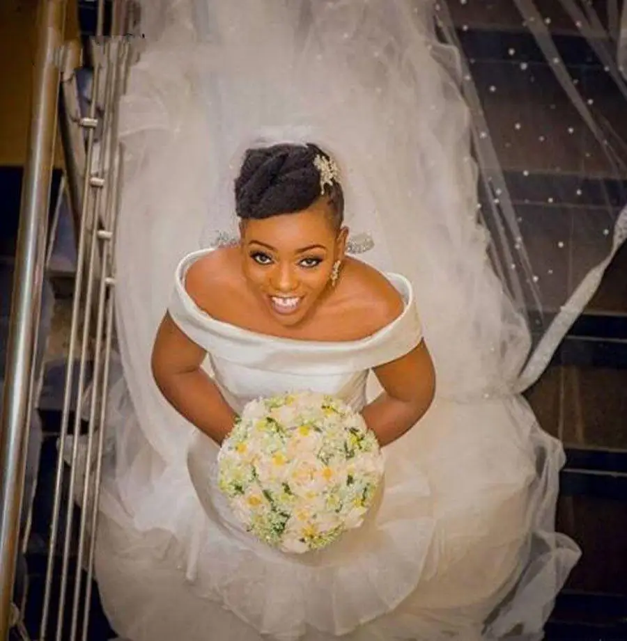 

African Elegant Satin Mermaid Wedding Dresses 2022 Off The Shoulder Tulle Train Plus Size mariage Bride Dress