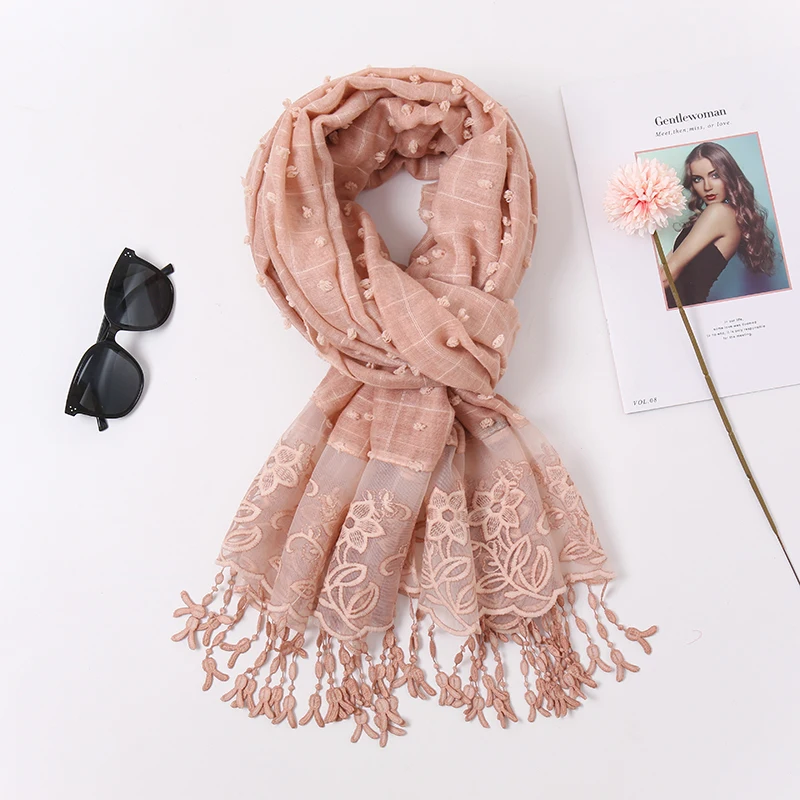 

2020 Plain Pom Cotton Scarf Plaid Tassel Lace Embroidered Cotton Scarves Women Muslim Hijab Stoles Female Floral Headband Turban