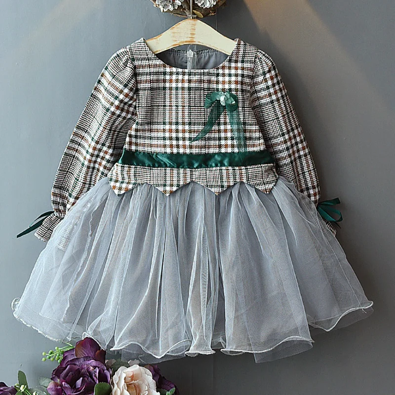 Осеннее повседневное Сетчатое платье в клетку с длинными рукавами стиле пэчворк