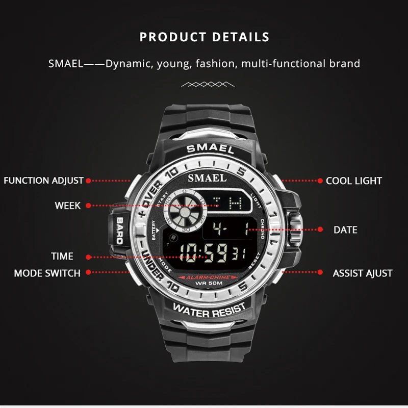 

SMAEL Black Watches For Men Sport Life Waterproof Luminous Dual Display Alarm Top Brand Luxury Military Digital Watch Wholesale