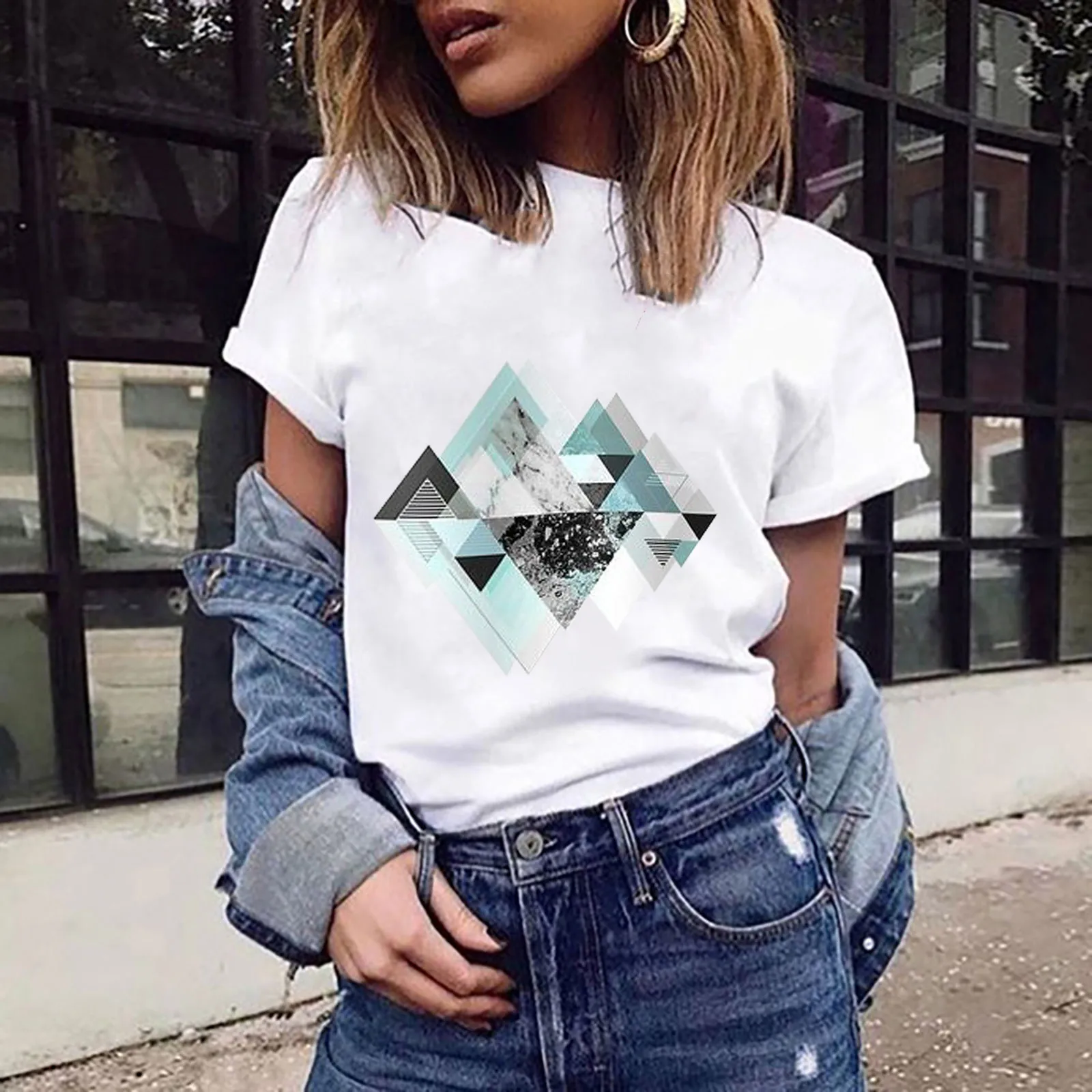 

Women's Fashion Geometric Graphic Print HarAjuku Female Round Neck Loose shirt Vetement Femme Top Summer Топик Женский 2021@Q