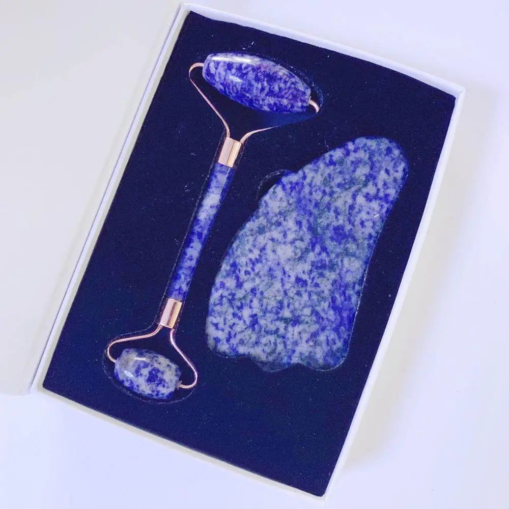 Оригинальный камень голубой Sodalite ролик для лица Gua Sha набор натуральный нефрит