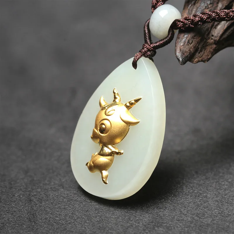 Натуральный китайский белый нефрит кулон Зодиак овца Мозаика золото красивые