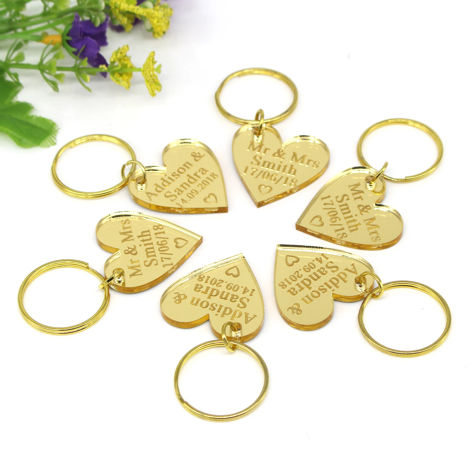 25 Personalized Gold/Silver/Clear/Mirror-engraved Keychains Love Wedding Party Baby Baptism Commemorative Gift Couple Souvenirs