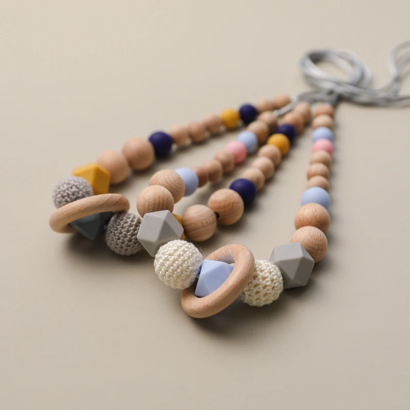 Baby Teething Chew Necklace Silicone Necklace With Wooden Ring Food Grade Beads Long Chain Wooden Toys Gift For Baby Teether