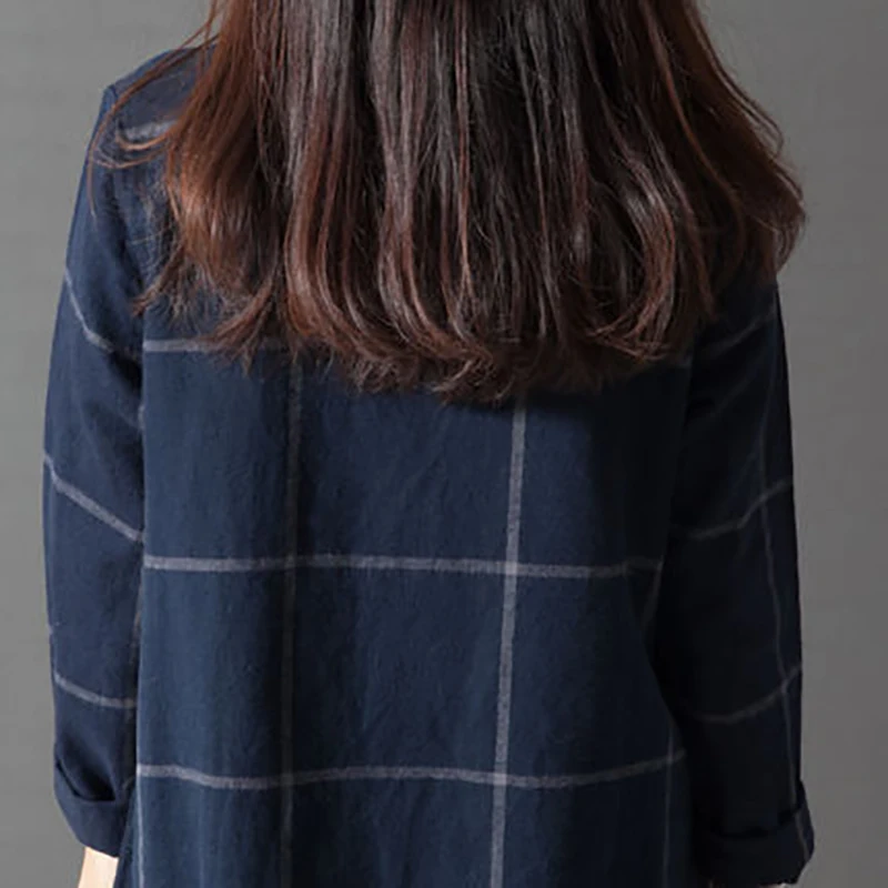 

Autumn 2020 New Women's Literary and Art Oversize Loose Korean Long Sleeve Plaid Cotton Linen Dress Causal OL Commute
