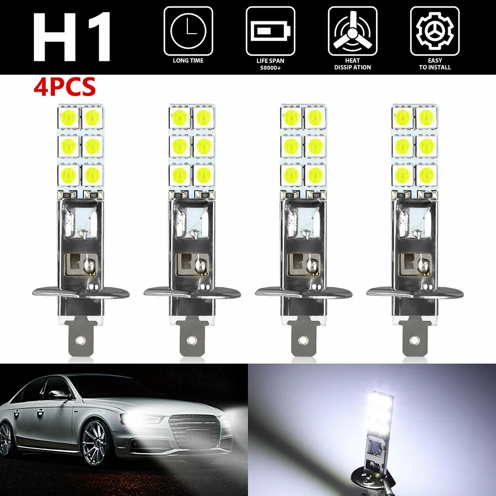 

4pcs H1 Fog Lights 6000K Super White DC12V-24V LED Headlight Bulbs Kit Fog Driving Light Lamp H1-12SMD-5050 1800LM Car Lights