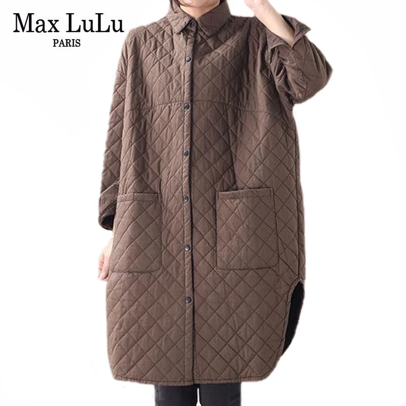 

Max LuLu Новинка 2021 зимние женские свободные винтажные однотонные дизайнерские куртки в Корейском стиле стеганые повседневные длинные пальто ...