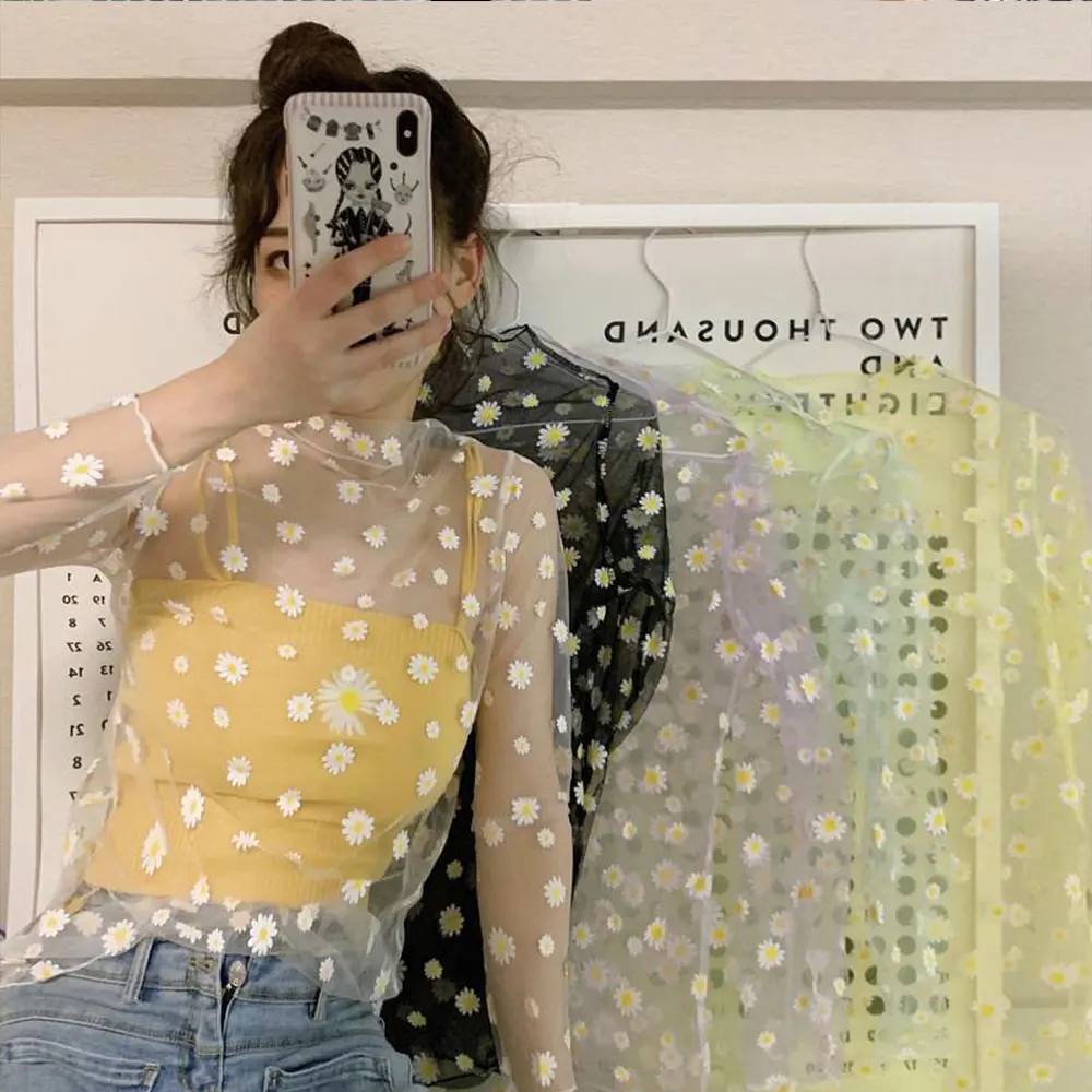 Женские прозрачные блузки и топы летняя сетчатая рубашка с цветочным принтом