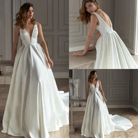 new satin wedding dress 2021 a line v neck backless tank vestido de noiva bridal gown bride robe de mairee