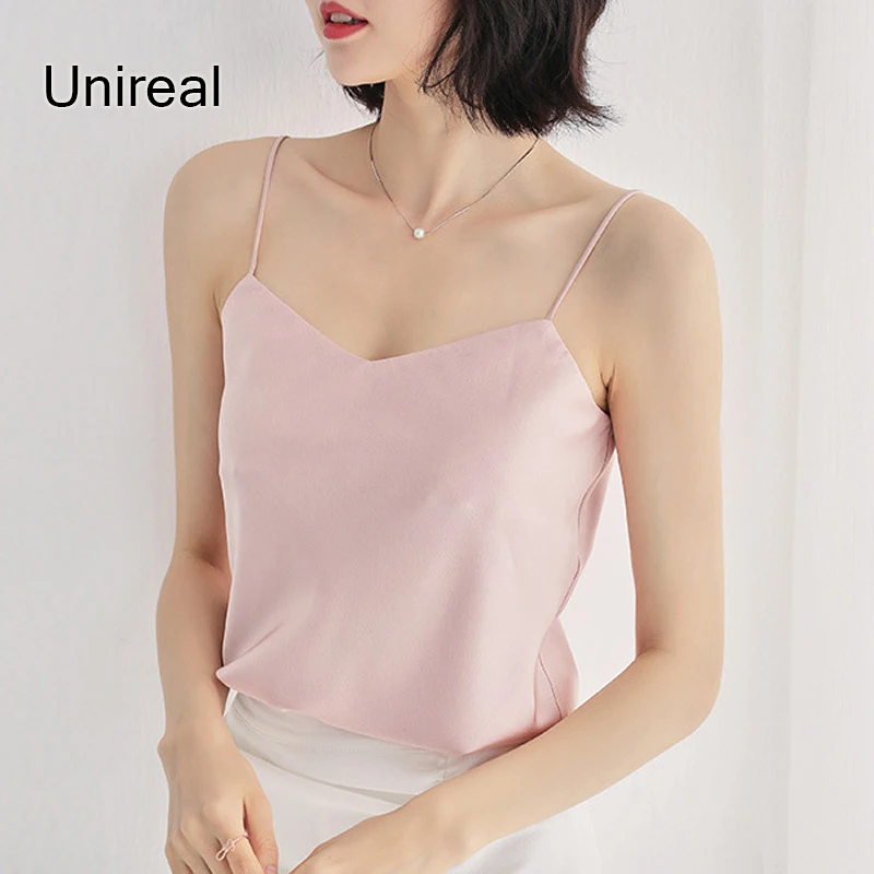 

Unireal 2021 Summer Women Satin Tank Tops Black Camisole Spaghetti Strap Sexy Tops