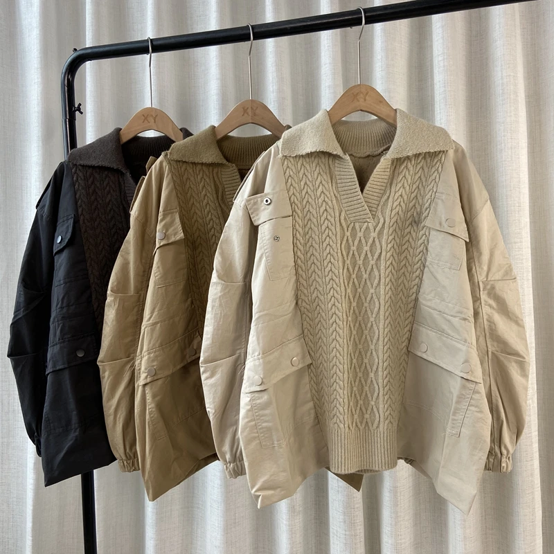 

Корейский стиль сплайсинга рубашка твист свитер поддельные две части женский корейский Ретро v-образным вырезом Тонкий Зимний Свитер оверс...