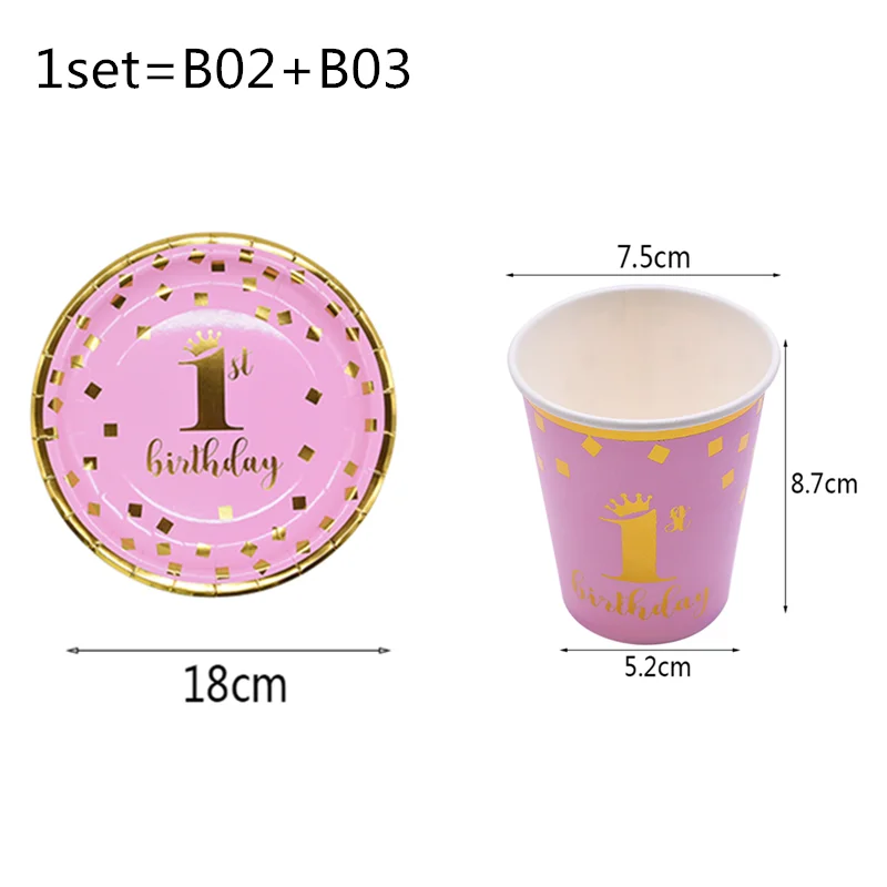 pinkT02 1st Birthday Party Supplies Pink Blue Paper Plates Cups Straws Disposable Tableware Banner Gender Reveal Baby Shower Party Decor - Цвет: pinkT02