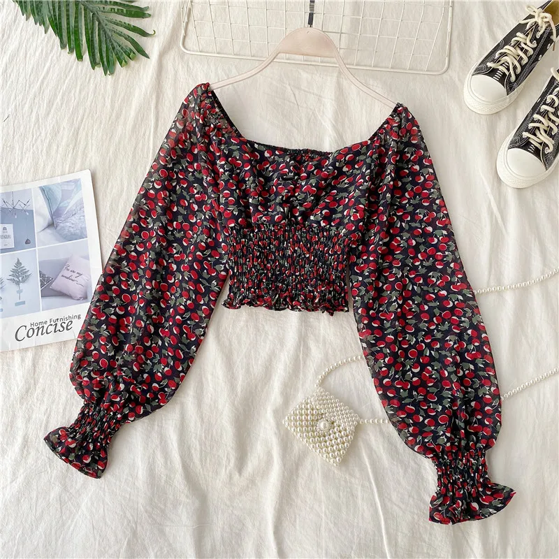 Summer Women Streetwear Beach Vintage Floral Chiffon Blouses Tops Sexy Ladies Ruffles Puff Sleeve Slash Neck Short Shirts 2020