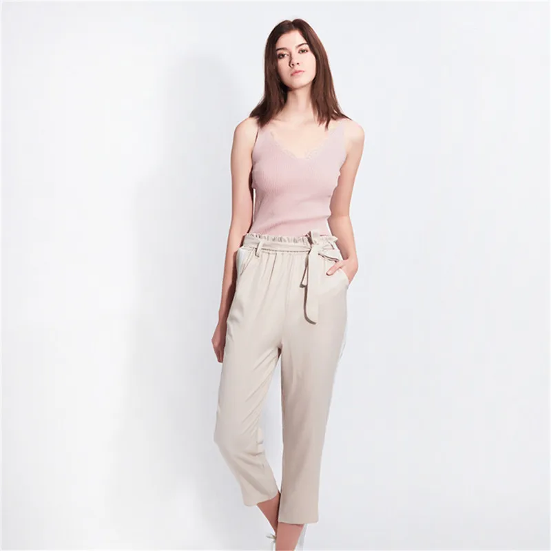 

Women Casual Fashionable Pants Female Colorblock Slim Pocket Trousers High Waist Belt Spring Streetwear Women Clothing